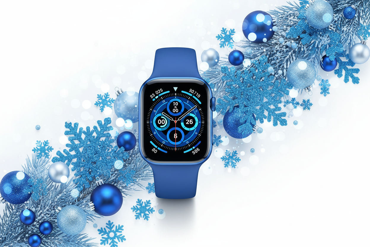blue apple watch in white background and add some creative christmas touch in blue and please use the electric blue