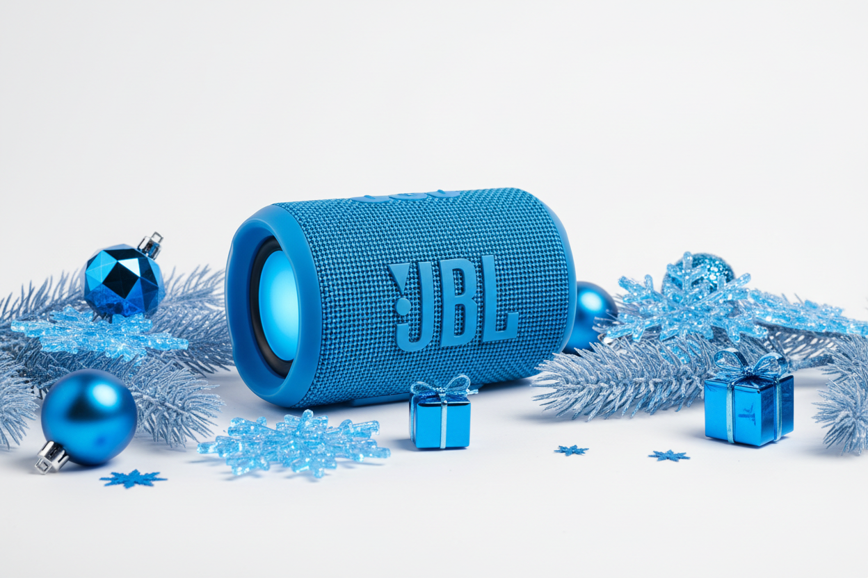 blue JBL PORTABLE SPEAKER in white background and add some creative christmas touch in blue and please use the electric blue