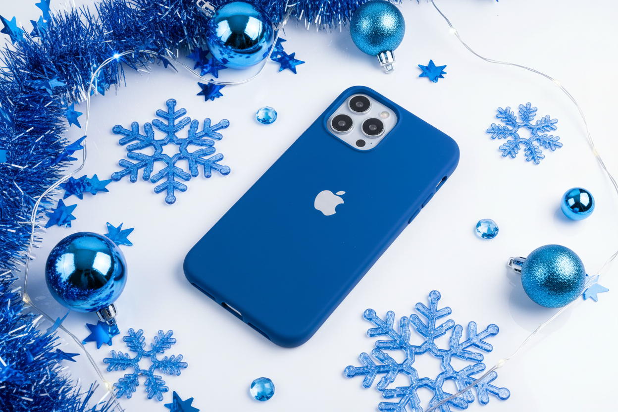 blue phone case on iphone 17 promax in white background and add some creative christmas touch in blue and please use the electric blue