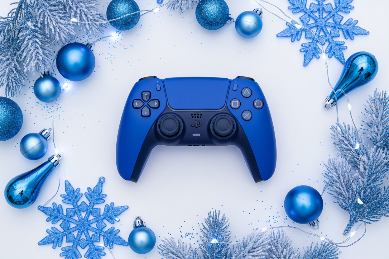 blue PS5 DUALSHOCK in white background and add some creative christmas touch in blue and please use the electric blue